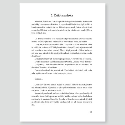 Ukázka textu druhé kapitoly knihy Dorotka a tajemný deštník, kde vystupují modrý slon, růžová opice, zelená žirafa a oranžový klokan.