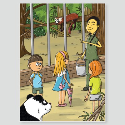 Hlavní hrdinka s kamarády v asijské zoo. Ilustrace z knihy Dorotka a tajemný deštník, kdy s dětmi cestují modrý slon, růžová opice, zelená žirafa a oranžový klokan.