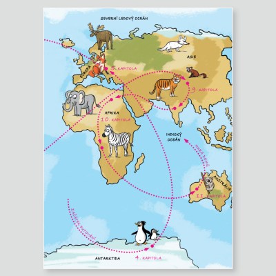 Mapa cesty, kterou urazila hlavní hrdinka s kamarády. Ilustrace z knihy Dorotka a tajemný deštník, kdy s dětmi cestují modrý slon, růžová opice, zelená žirafa a oranžový klokan.